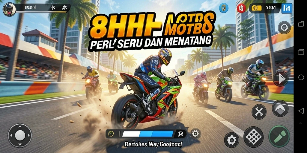 Screenshot 8HHH menampilkan aksi balap motor yang mendebarkan.