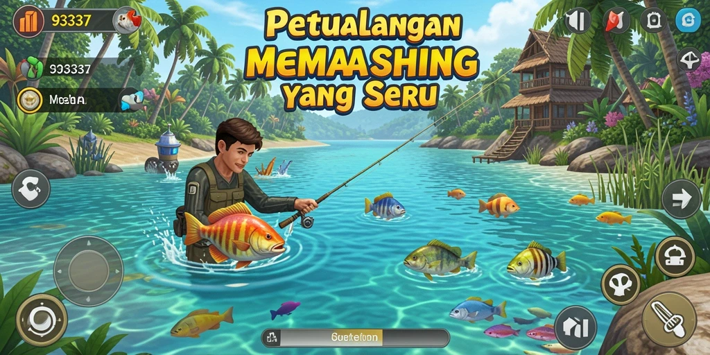 Screenshot gameplay 93337 menampilkan pemain saat memancing dengan latar belakang laut yang indah.