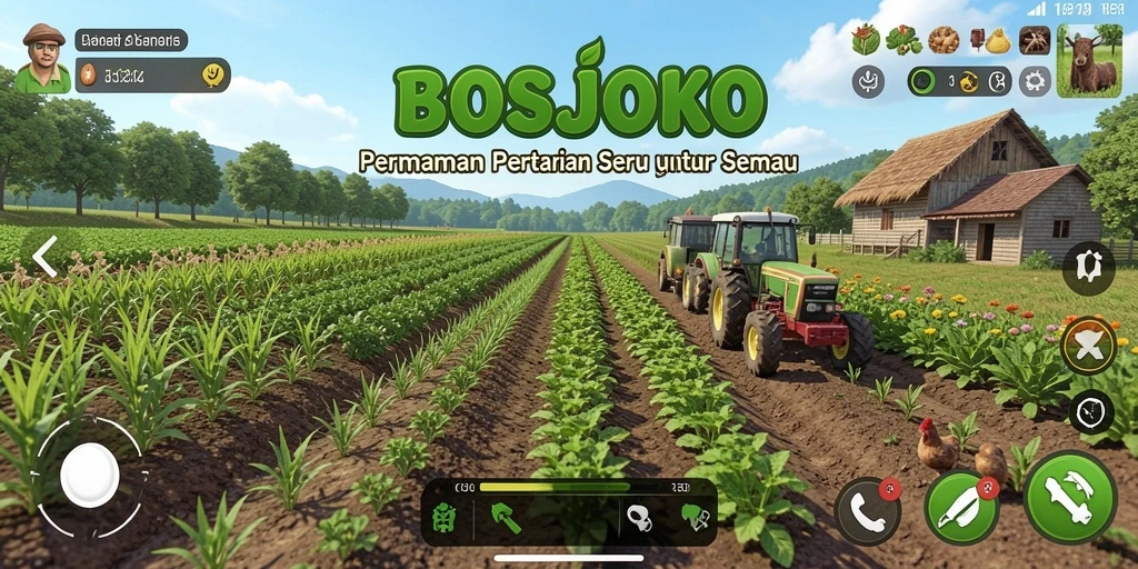 Tangkapan layar gameplay BOSJOKO menunjukkan ladang yang subur dan aktif.