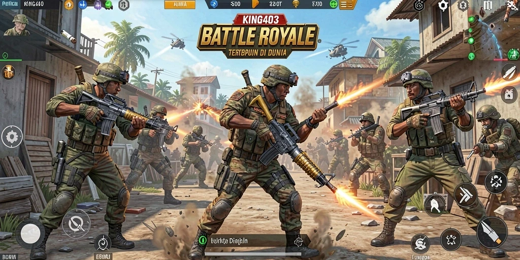 Screenshot KING403 menampilkan aksi pertempuran intens di arena Battle Royale.