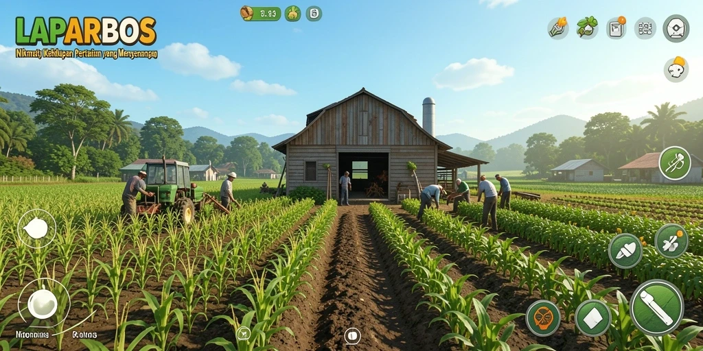 Tampilan gameplay LAPARBOS menampilkan pemandangan ladang yang subur dan aktivitas berkebun yang seru.
