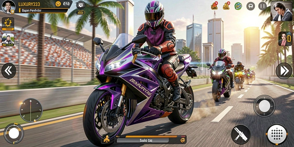 Gameplay LUXURY333 dengan aksi balapan motor yang mendebarkan.