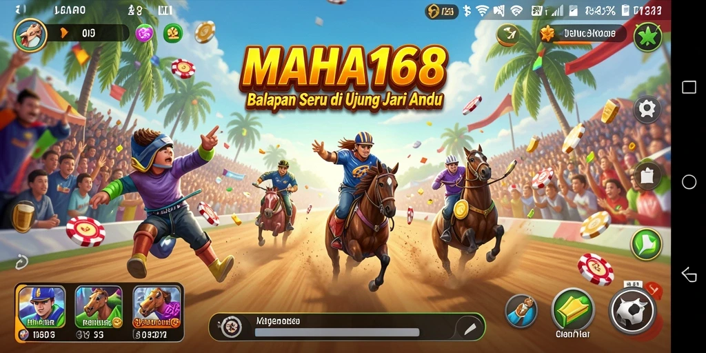 Tampilan gameplay seru MAHA168 saat balapan di trek menantang.