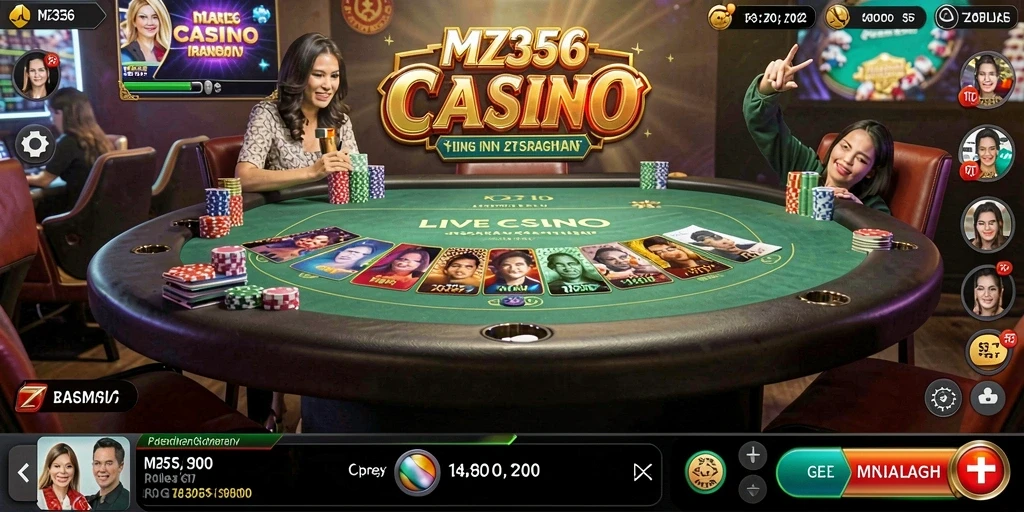 Tangkapan layar MZ356 menunjukkan dealer langsung dengan pemain dalam permainan kasino.