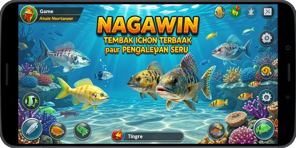 Gameplay seru NAGAWIN dengan ikan berwarna-warni dan senjata yang beragam.