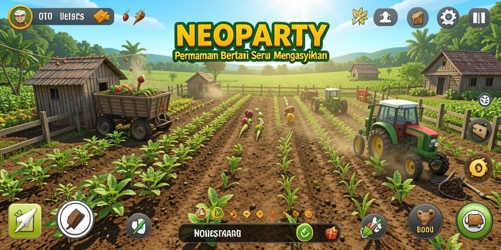 Tangkapan layar gameplay NEOPARTY dengan aktivitas bertani yang seru.