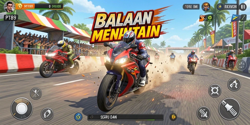 Screenshot gameplay PT89 menampilkan aksi balapan motor yang intens dan mendebarkan.