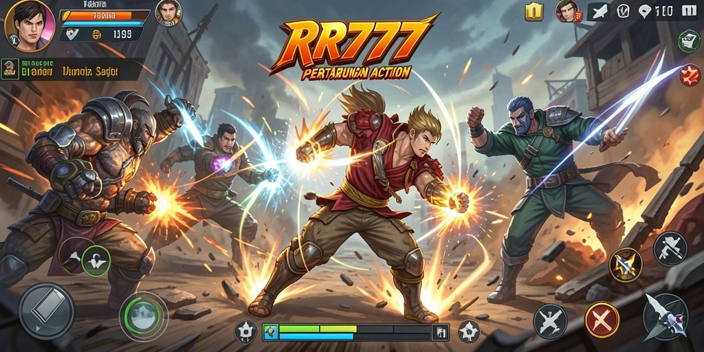 Tampilan gameplay seru RR777 saat bertarung dalam arena Action.