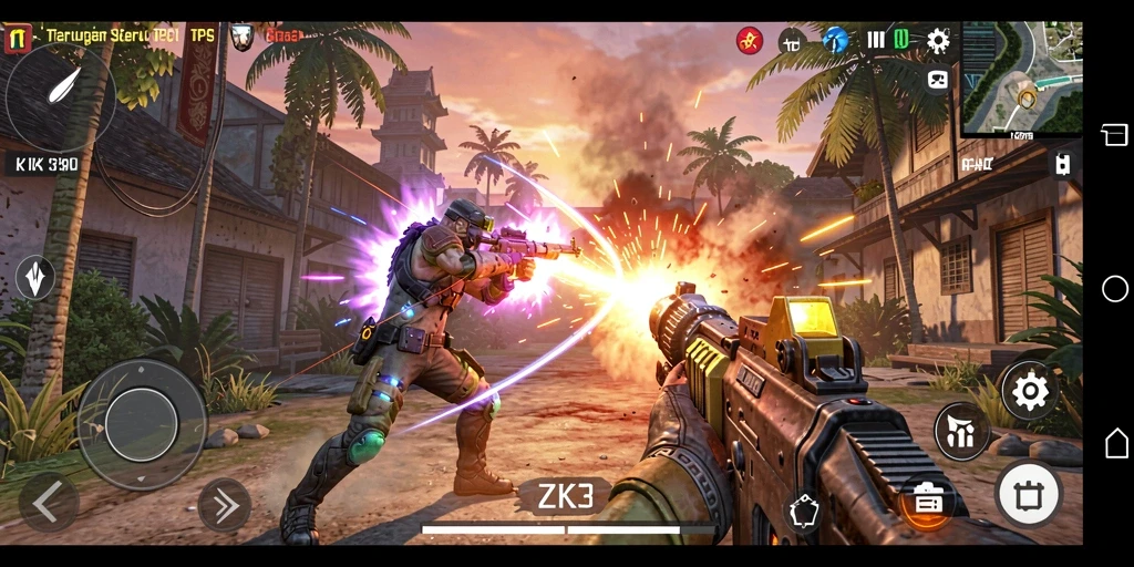 Tampilan gameplay menegangkan di ZK3 dengan aksi tembak-menembak.